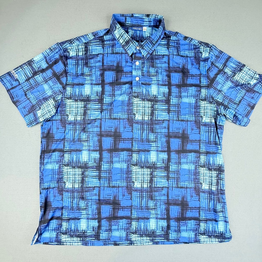 Hreski Polo Shirt Mens XXL Blue Abstract Plaid Performance Golf Short Sleeve